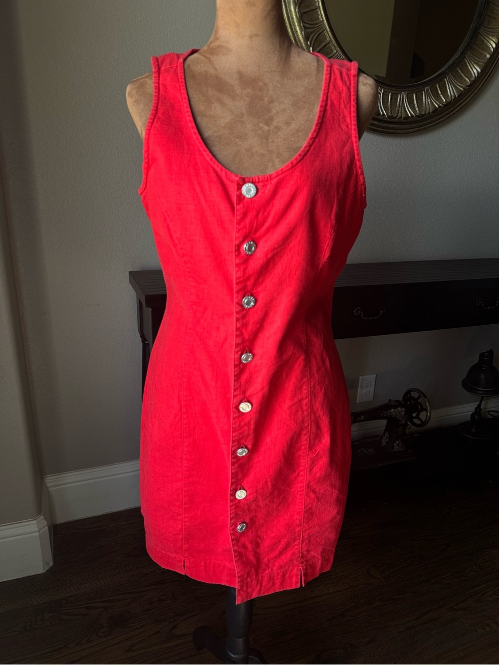 ESPRIT Vintage Linen Cotton Blend Red Button Front Dress | Size 5/6 | 80s 90s